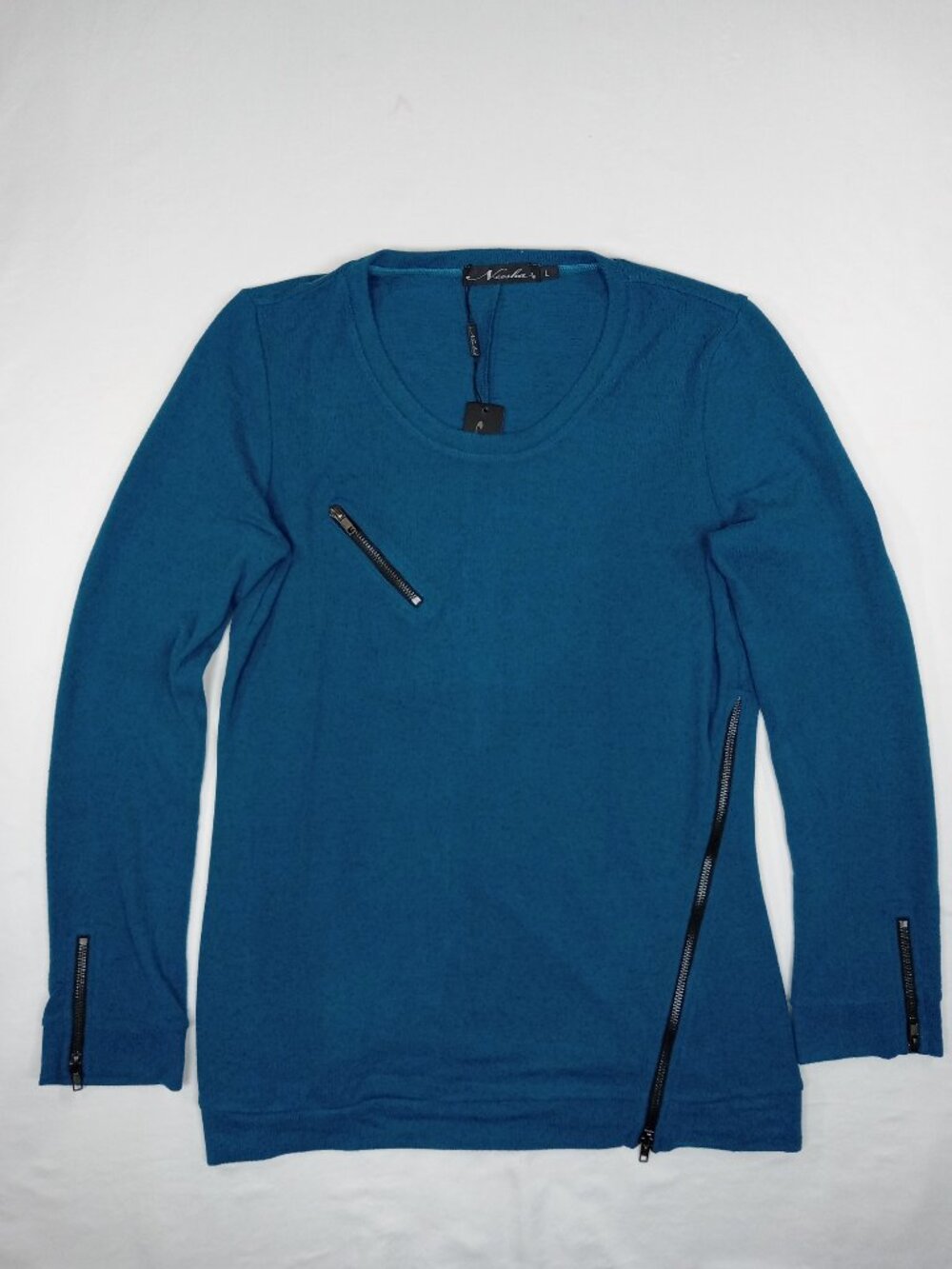 Neesha Womens Large Teal Blue Asymmetric Zip Long Sleeve Knit Tunic Top NWT